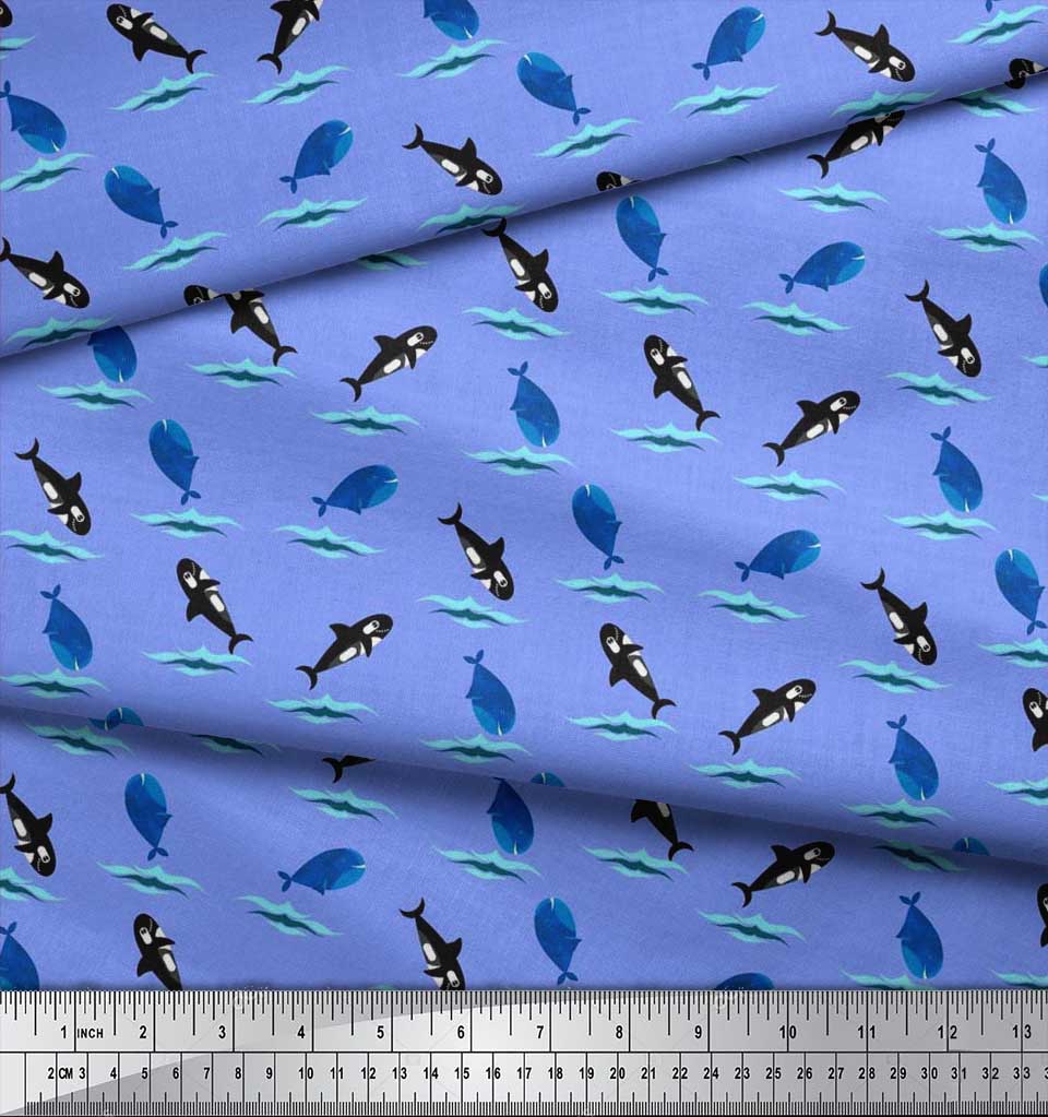 Soimoi Japan Crepe Satin Fabric Waves,Whale & Dolphin Ocean Decor Fabric Printed metre 42 Inch