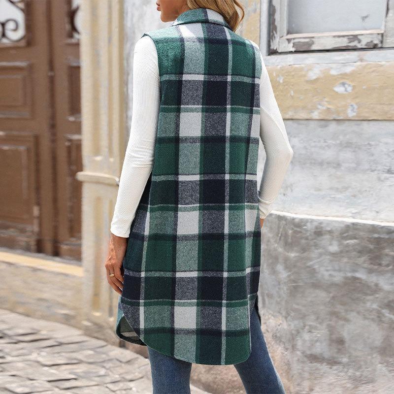 Sleeveless Turn Down Collar Plaid Mid Length Women S Vest