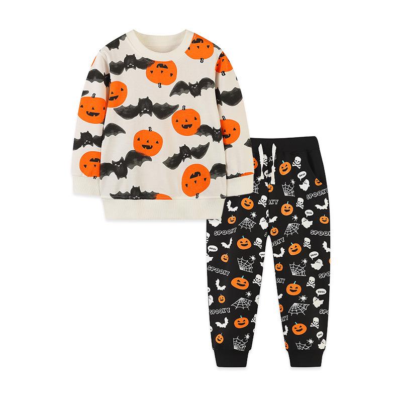 European Style Boys Halloween Pumpkin Print Long-Sleeve Knit Cotton Two-Piece Set 3 Years (100 cm)