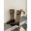 New retro style belt buckle suede splicing western knight boots women's thin thick heels but knee boots