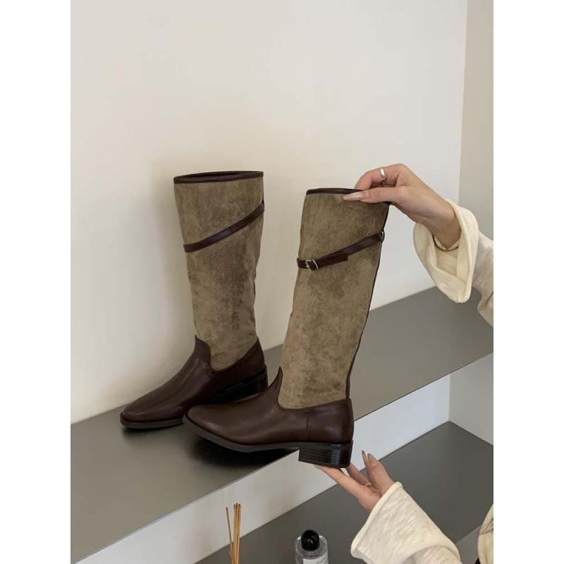 New retro style belt buckle suede splicing western knight boots women's thin thick heels but knee boots