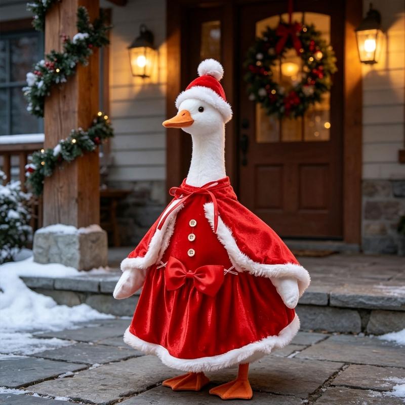 23Inch Geese Santa Costume for Decorative Geese Figure, with Hat, Buttoned Dress and Decorative Bows for Christmas Porch and Front Yard Display