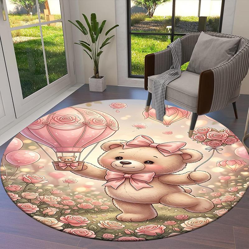 1PC Teddy Bear, Roses Non-Slip Floor Round carpet, Office, family, bedroom, Large Area Rug Indoor Rugs, Durable Polyester-L0417