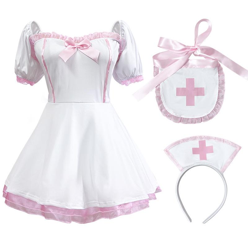 

Cute Nurse Cosplay Costume Set Pink Trim Dress Apron Headband Puff Sleeve Outfit for Party Role Playing Makeup Themed Party S