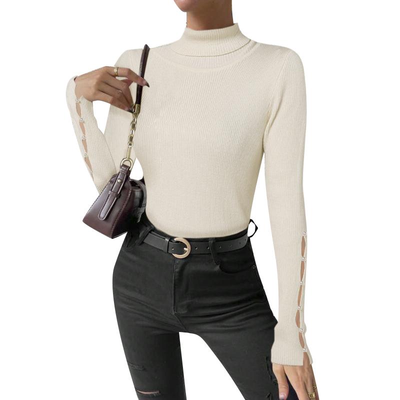 ZANZEA Women Turtleneck Pearl Stitching Long Sleeve Thin Casual Knitted Sweater Tops