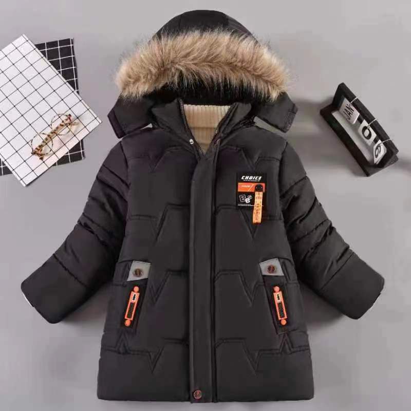 New Fashion Style Winter Keep Warm Boys Jacket Letter Lining With Plush Fur Collar Hooded Heavy Coat For Kids