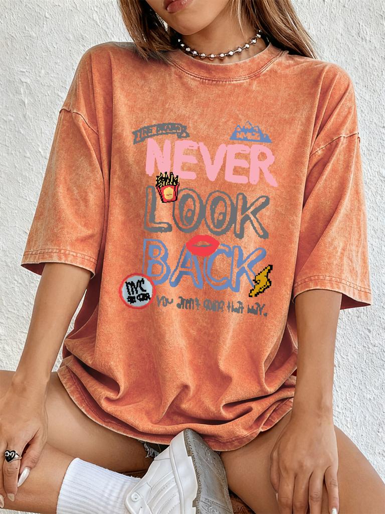 Never Look Back Printing Washed T Shirts Womens Cotton Oversize Streetwear Distressed ONeck Comfortable Tops Summer Clothes