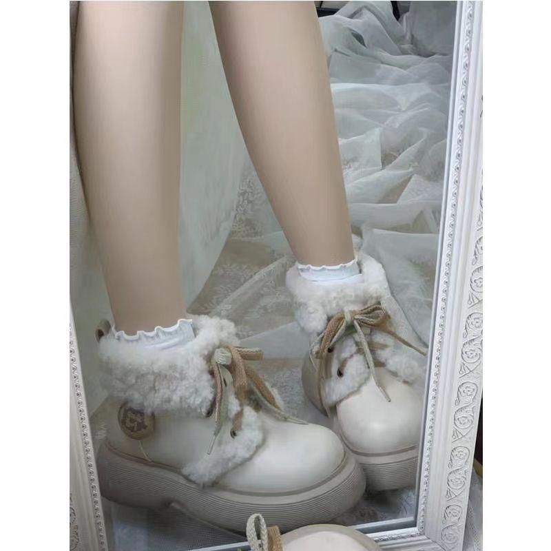 Warm Lamb Wool White Snow Boots Women's Winter 2025 Fleece Thickened Cute Soft Girl Fashion Short Boots