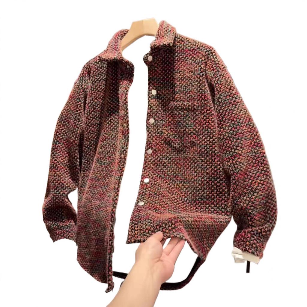 Lapel Woven Plaid Jacket Men's Autumn Korean Version Loose Couple Casual Dovetail Shirt Jacket