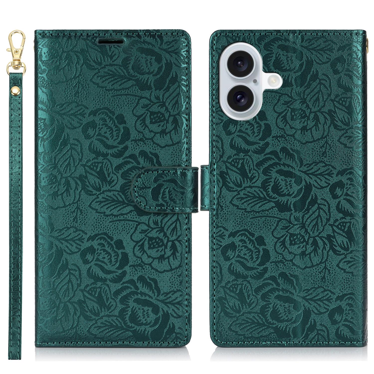 For iPhone 16 Plus Case with Hand Strap Flower Imprint Leather Wallet Phone Cover A
