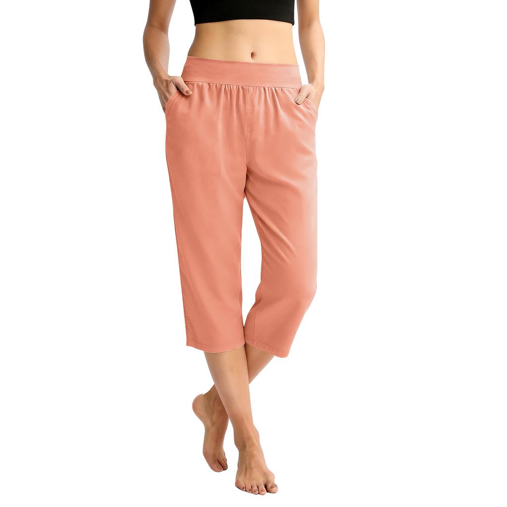 Women Elastic High Waist 3/4 Pant Casual Fit Wide Capris Leg Pants Trousers With Pockets