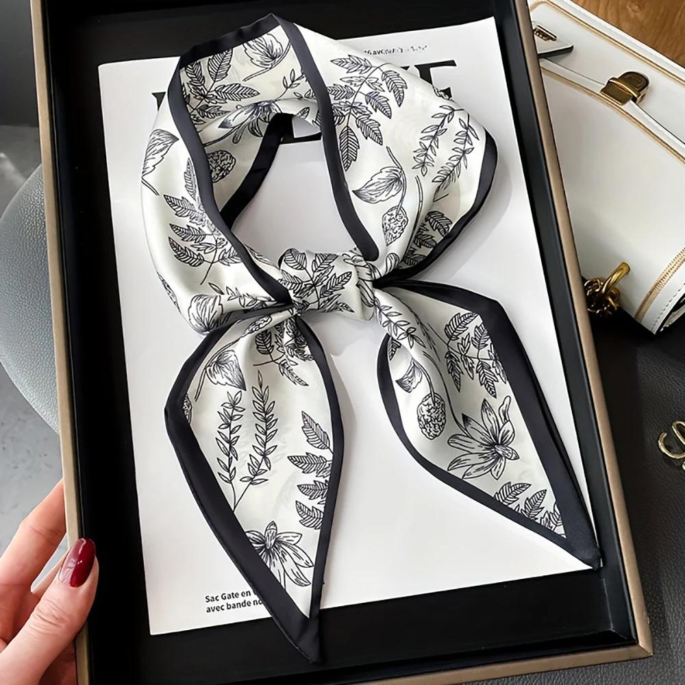 Double Sided Plant Print Scarf Luxury Brand Slender Neckerchief French Elegant Inelastic Neck Scarf Hairband