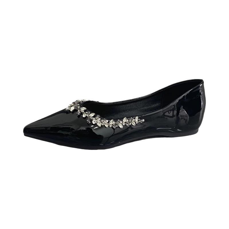 Temperament pointed patent leather rhinestone single shoes women's summer flat-soled shoes inner height increase gentle shallow soft-soled shoes