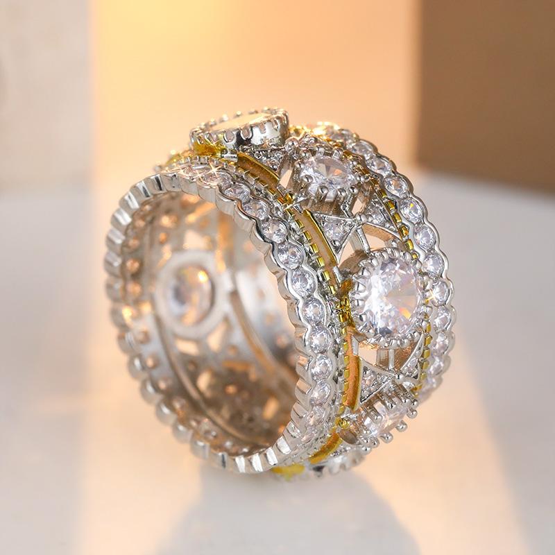 Magnifique Bague Large Creuse Bicolore en Zircone Synthétique Délicate pour Femme Élégante Luxe Banquet Célébration Accessoire Bijouterie Fine 6&Silver Plated gray