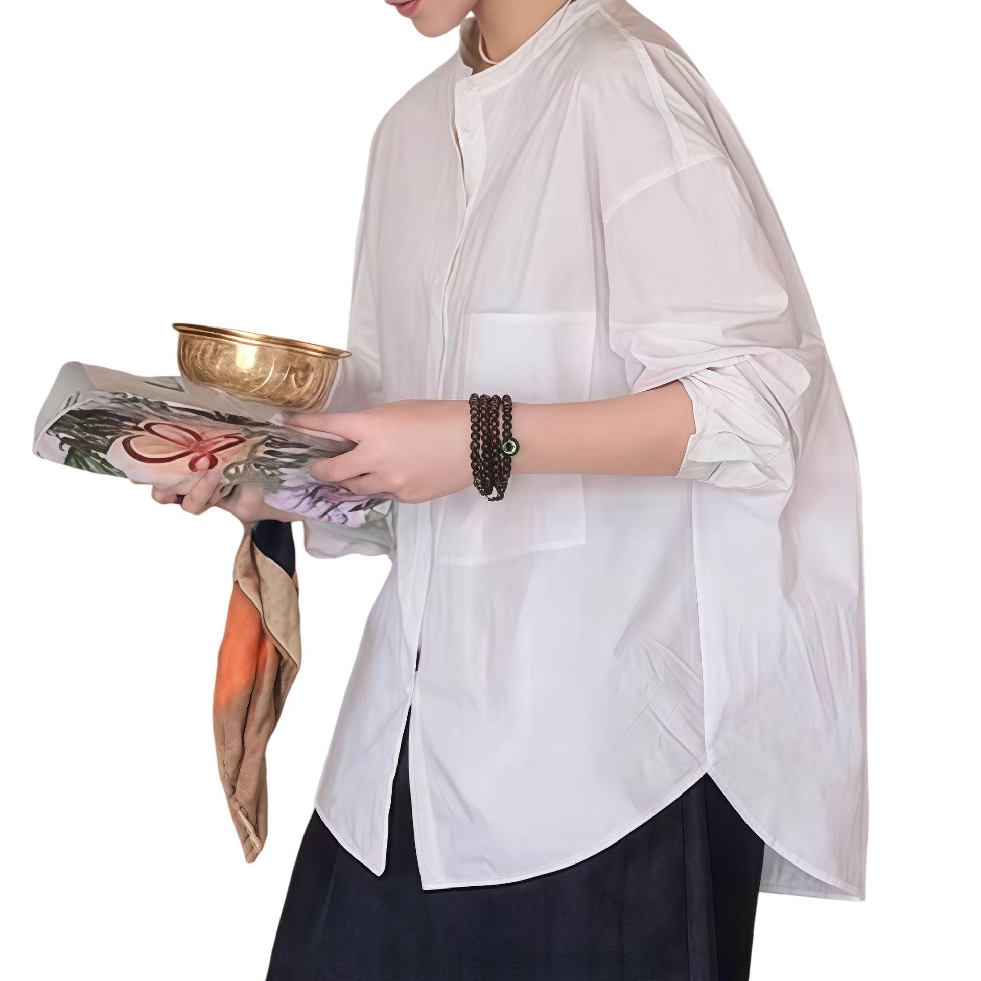 Women s Artistic Cotton Long Sleeve Loose-Fit Shirt - Solid Color, Heavy Workmanship L