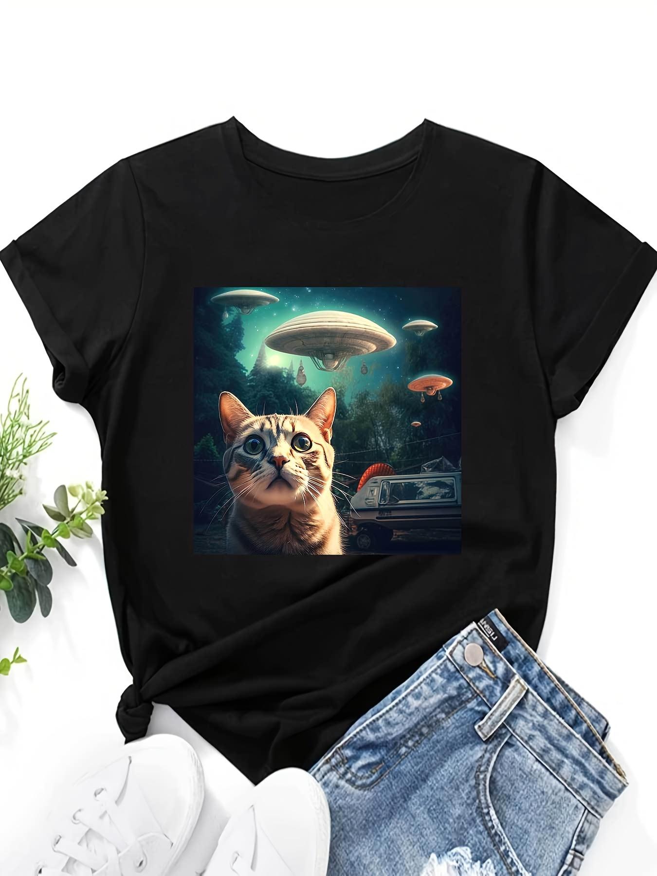 

Cat & UFO Print T-shirt, Casual Short Sleeve Crew Neck Top For Spring & Summer, Women s Clothing S