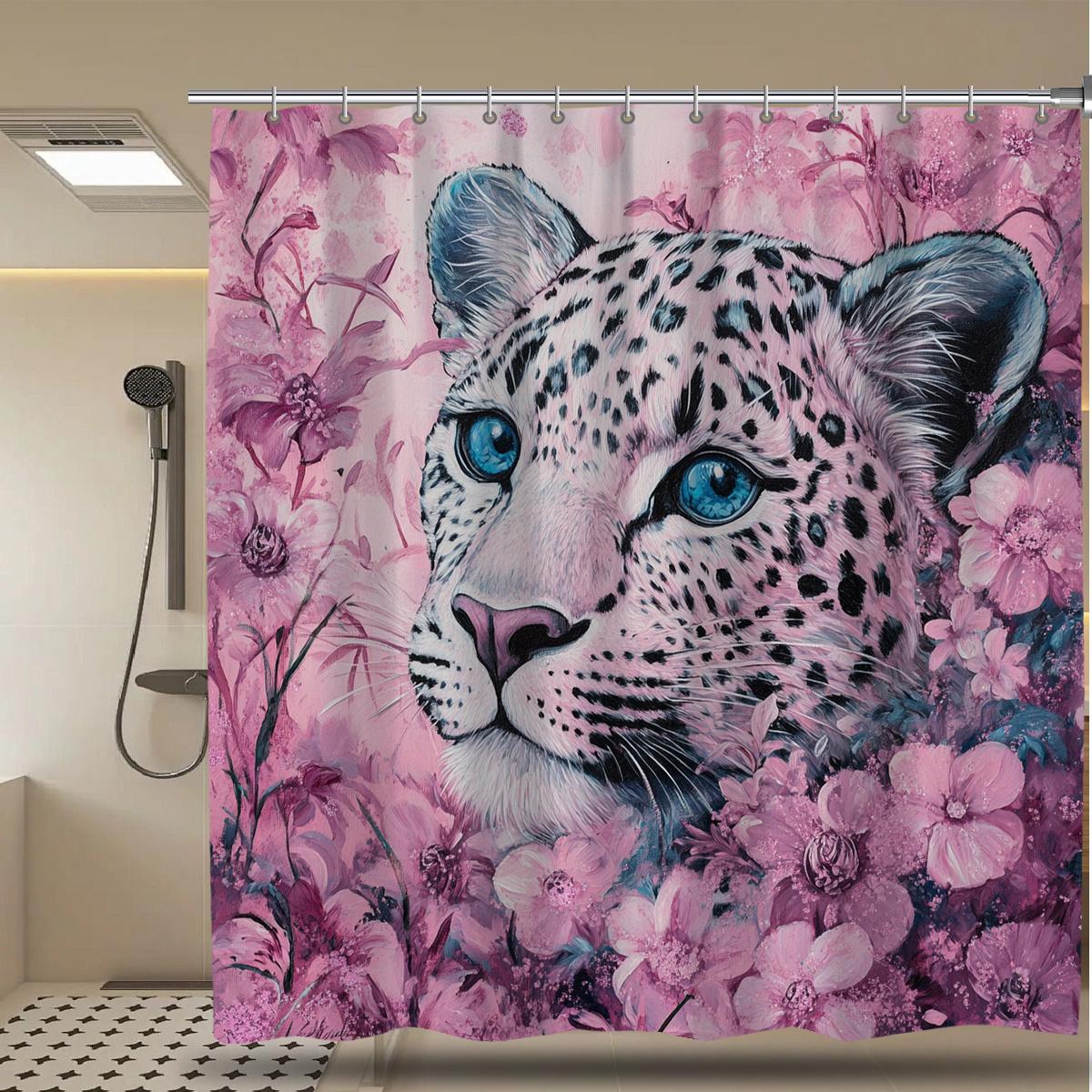 

Exquisite And Romantic Pink Leopard Print Sea Print Shower Curtain With Hook, Machine Washable, Suitable For Bathroom Decoration W60H190(CM)-1 Pcs