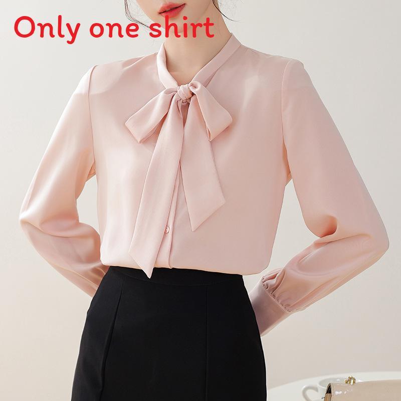 Blue Bowknot Shirt With Satin Fabric And Tie Detail For Office Women