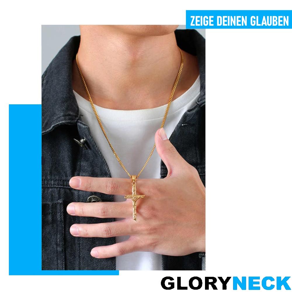 GLORYNECK Colar Cruz de Jesus Crucifixo Aço Inoxidável Ouro Joias Religiosas Corrente