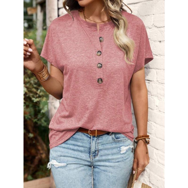 Women S Short Sleeve V Neck Solid Button T Shirt Casual