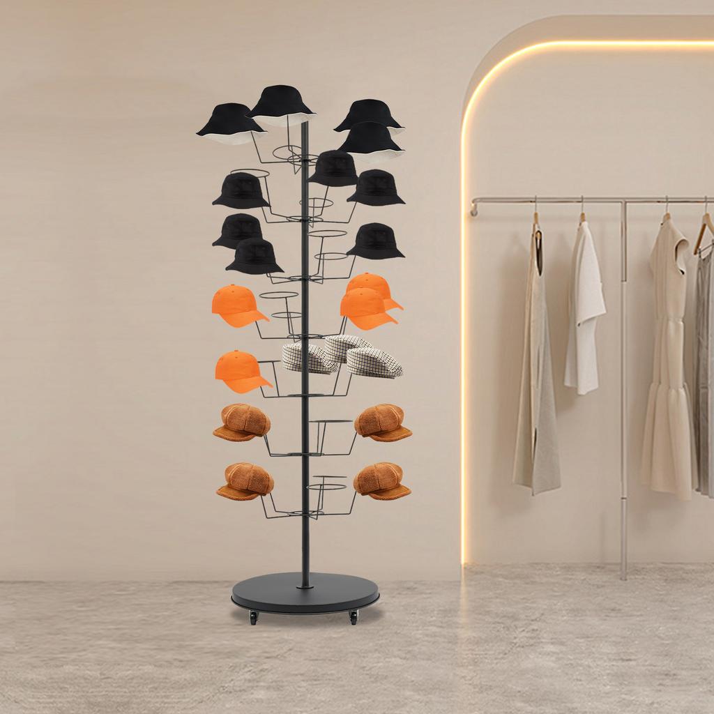 Freestanding Hat Rack, 7-Tier Floor Hat Display Stand Holds 35 Hats, Modern Home Black Steel Organizer W/ 4 Wheels (2 Lockable)