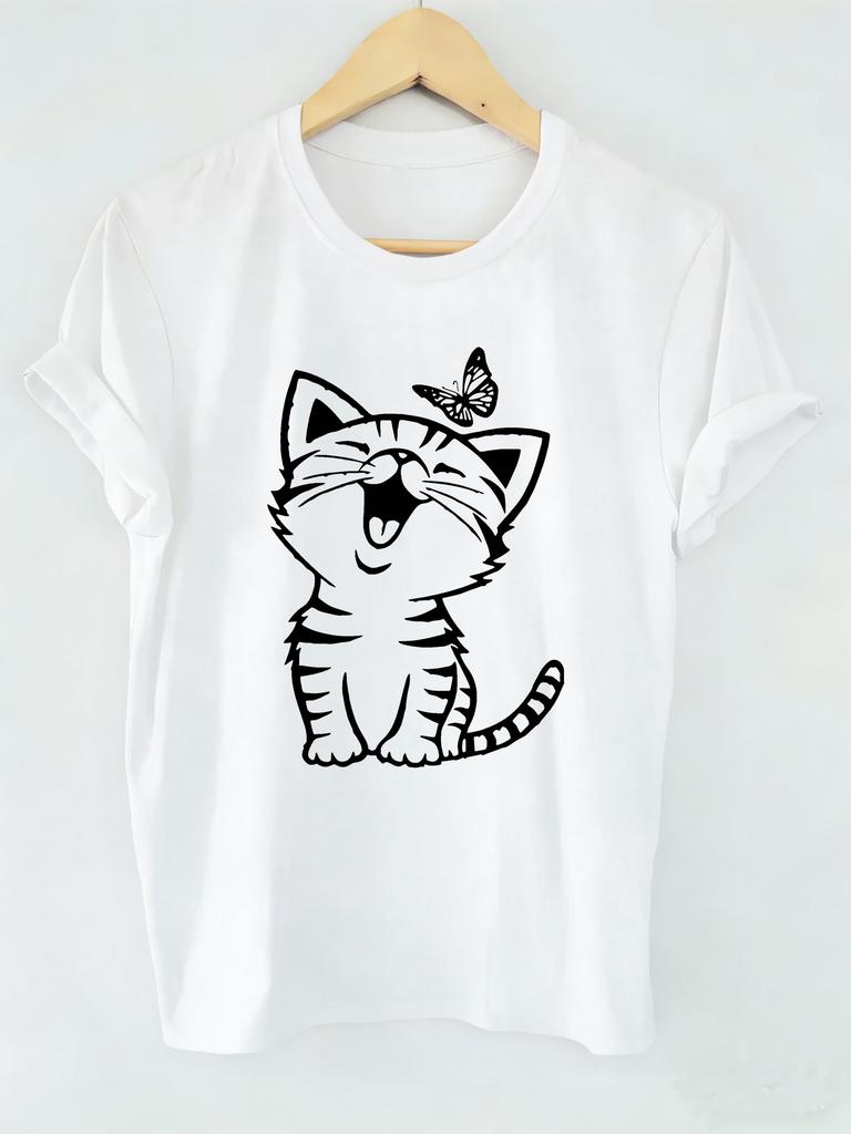 Graphic Cute Cat with Butterfly Print Retro Cat Funny T Shirts Men Women T-shirt Round Neck Short Sleeve Tee Shirt Cute
