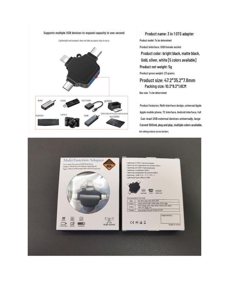 3-in-1 Multi-Function OTG Adapter: USB 3.0, Type-C, and Apple-Compatible for Android Phones