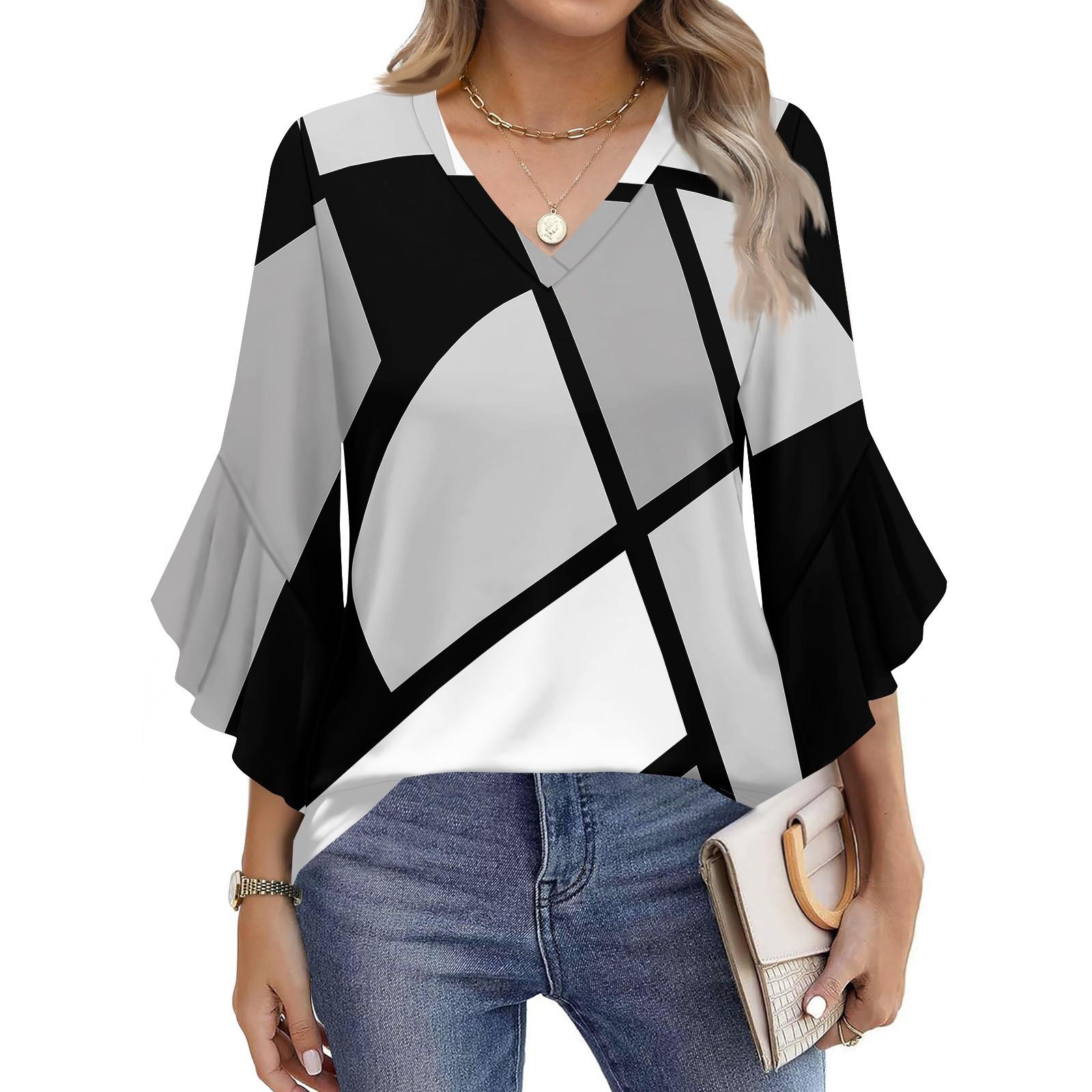 

Женская модная повседневная футболка с рукавом семь минут в стиле ретро с цветными блоками и принтом, V-образным вырезом, расклешенными рукавами S