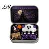 Haunted House Gift Box Halloween Mini Tin Gift Plush Ghost with Candy Storage Scene Collectible Micro Theater for Kids Party Favor Witch