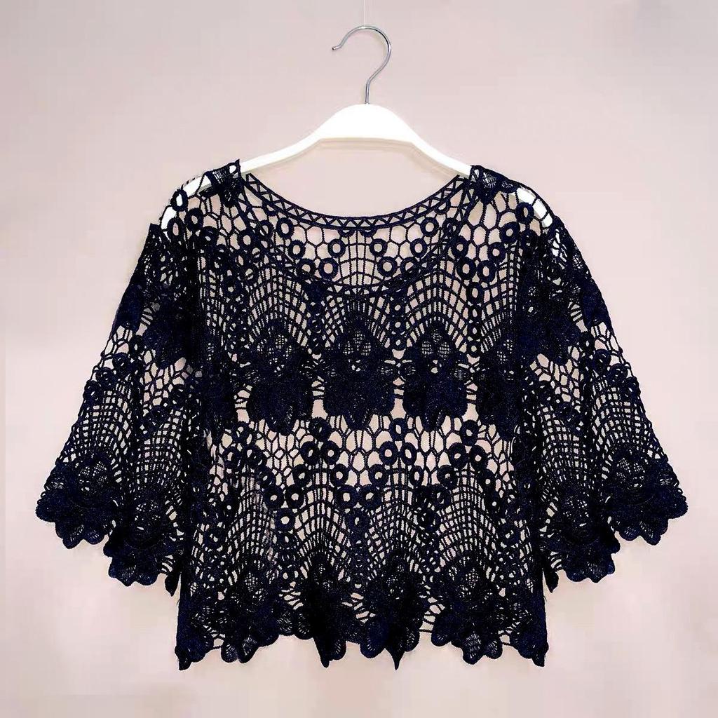 Women's French V-Neck Crochet Knit Cardigan - Chic Summer Fashion, Slimming Loose Fit, Versatile Top