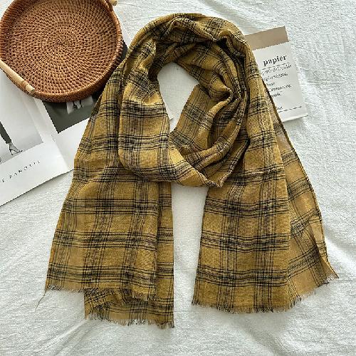Korean Retro All-match Plaid Retro Style Women's Autumn New Style Cotton and Linen Literary Thin Shawl Scarf Dual-use