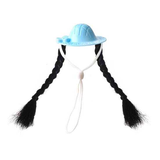 Small Pet Sun Hat Hamster Hat with Double Braids Elastic Strap Adjustable Hat with Wig for Budgies Parrots Roosters Guinea Pigs