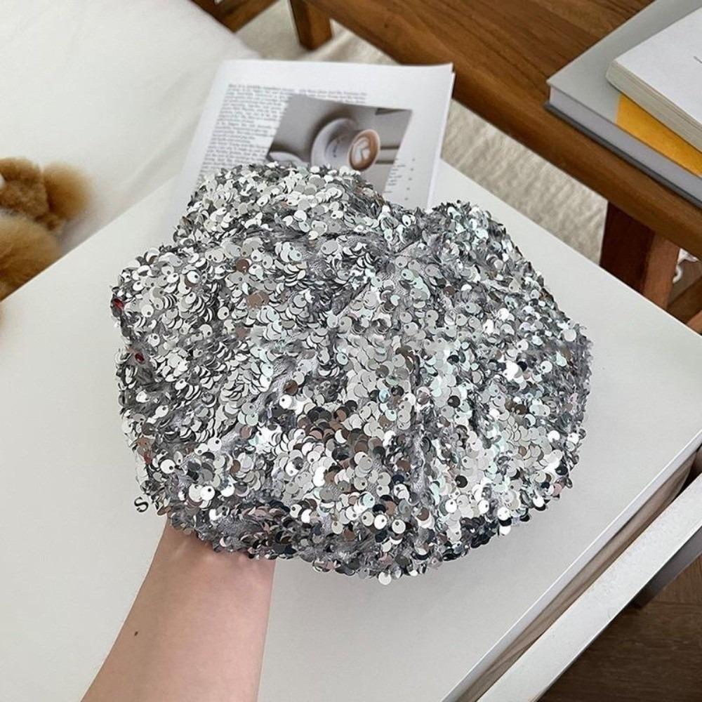 

Trendy Glitter Sequin Beret Retro Lady Octagonal Cap Shiny Surface Fashion Painter Hat Daily срібний