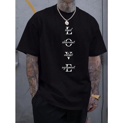 European Sizes Men's Vintage-Inspired Fashion T-Shirt with Geometric Lettering, Crew Neck, Short Sleeve, Weekend Casual - Summer Sports Tee