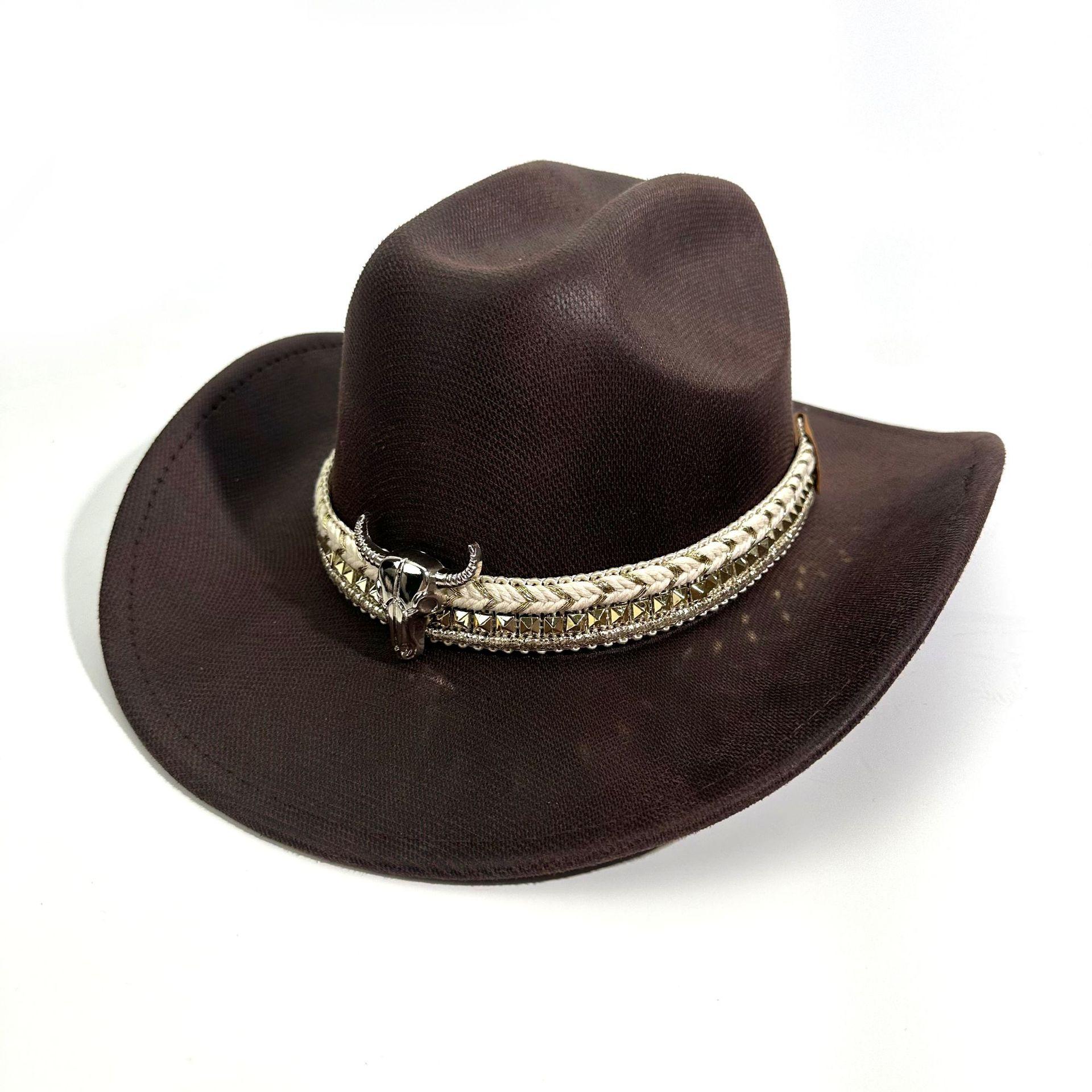 

Western Cowboy Hat Men S And Women S Bull Head Accessories Peach Heart Top Jazz Hat Big Edge Top Hat M（56-58cm） темно-коричневого кольору