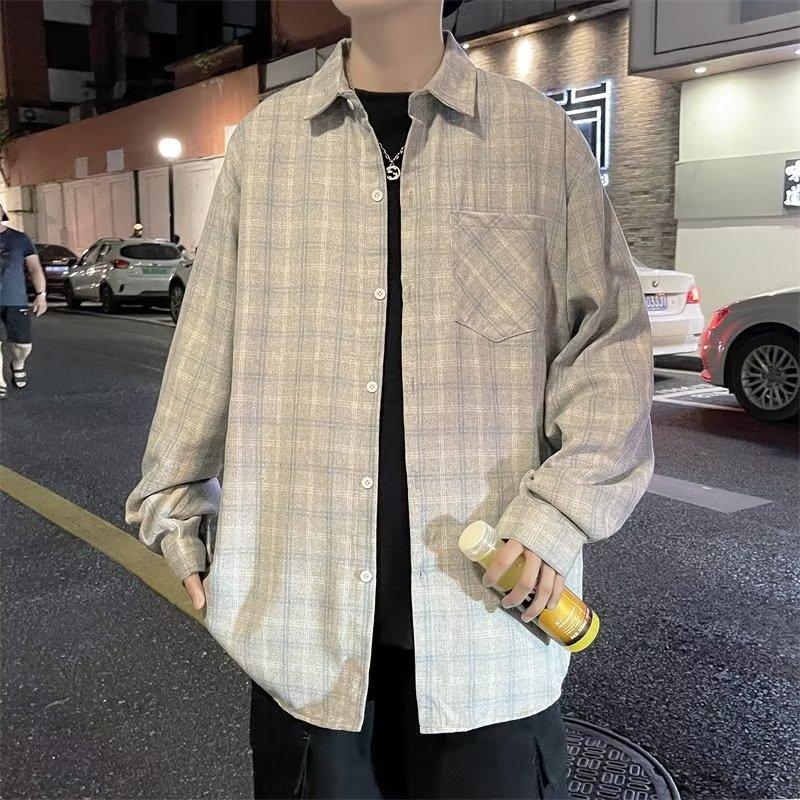 Autumn Shirt Men'S Korean Style Trendy Loose Checkered Shirt Jacket Long Sleeved Top