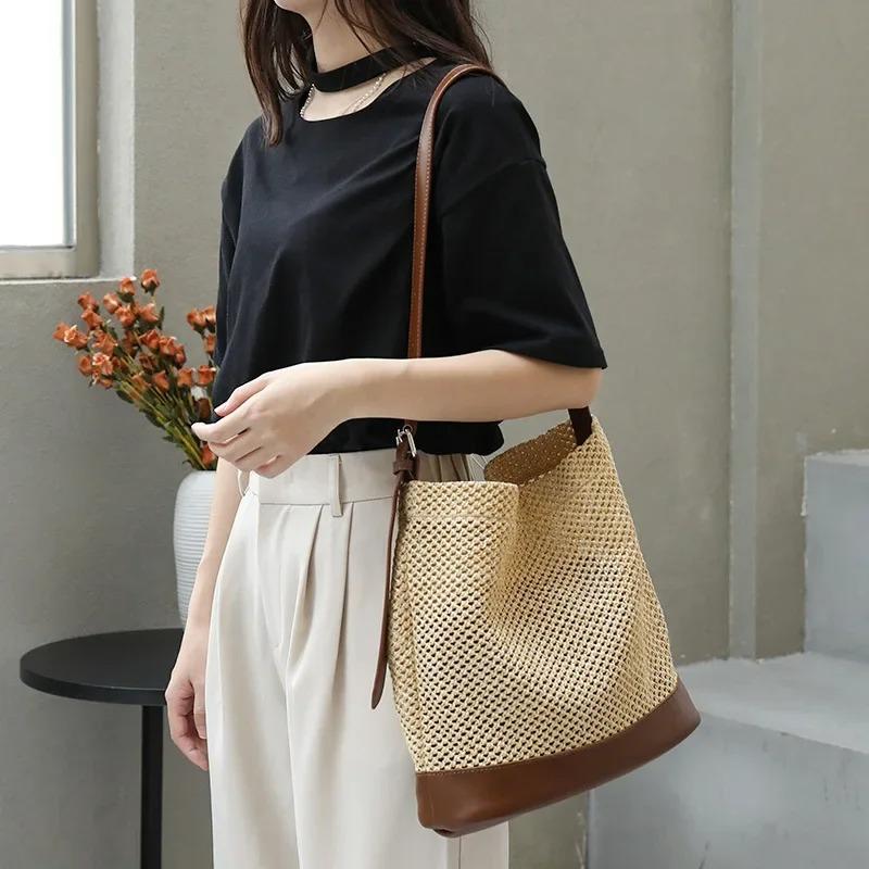 Female Vacati Beach Grass Woven Handbag Lady Leisure Splicing Independent Inner Package Shoulder Bag Women Woven Crossbody Bag