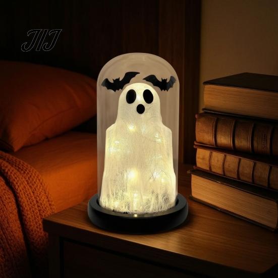 Tabletop Halloween Decor Light Up Ghost in Dome Cloche, Cute Night Desktop Centerpiece for with Bats Home Kitchen Mantel Holiday Party Wireless