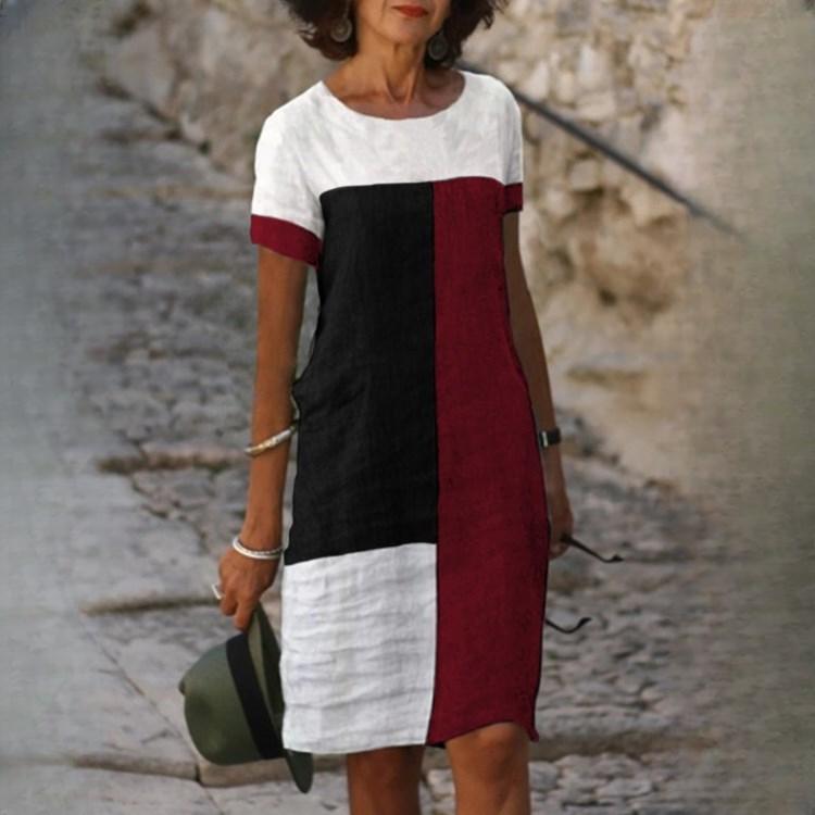 IHUASU Women's Summer Trend Personalised Positioning Check Printed Round Neck Short Sleeve Dresses