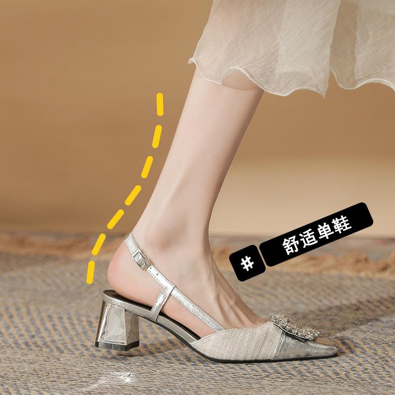 New metal bag head rear empty splicing sandals thick heel high heel women's single shoes fashionable rhinestone square buckle