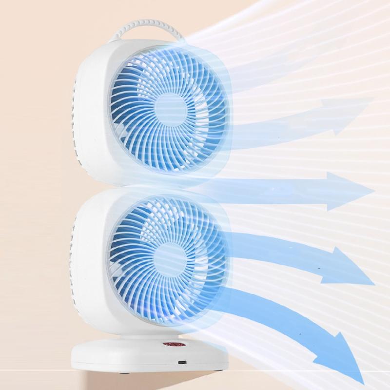 Neuer tragbarer kleiner Ventilator, doppelköpfiger, rotierender elektrischer Tischventilator, doppelschichtiger Umwälzventilator für den Haushalt