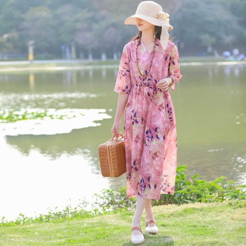 Übergröße V-Ausschnitt Langes Kleid Ethnischer Druck Schlitzärmel Lockere Taille Bindekleider