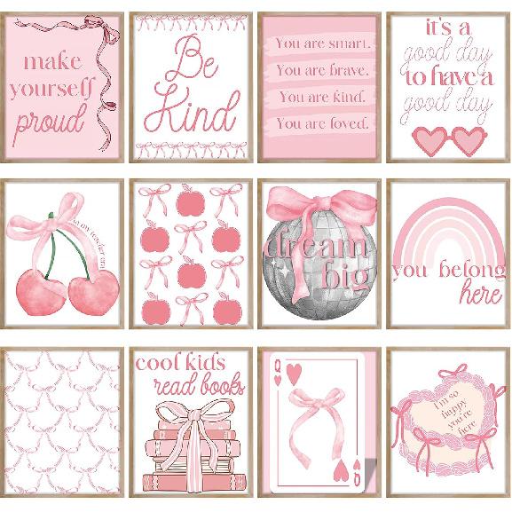 Humyoun Set of 12 Coquette Pink Bow Motivational Growth Mindset Posters Motivational Posters with Positive Quotes to pire Young Minds for Classroom