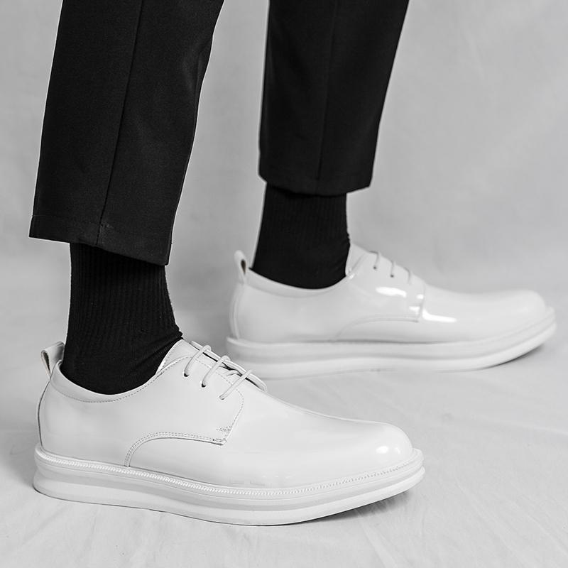 Men’s White Derbys Dress Formal Business Patent Leather Shoes Men Gentleman Style Tuxedo Wedding Blazers Saddle Shoes Contrast StitchingLarge Size