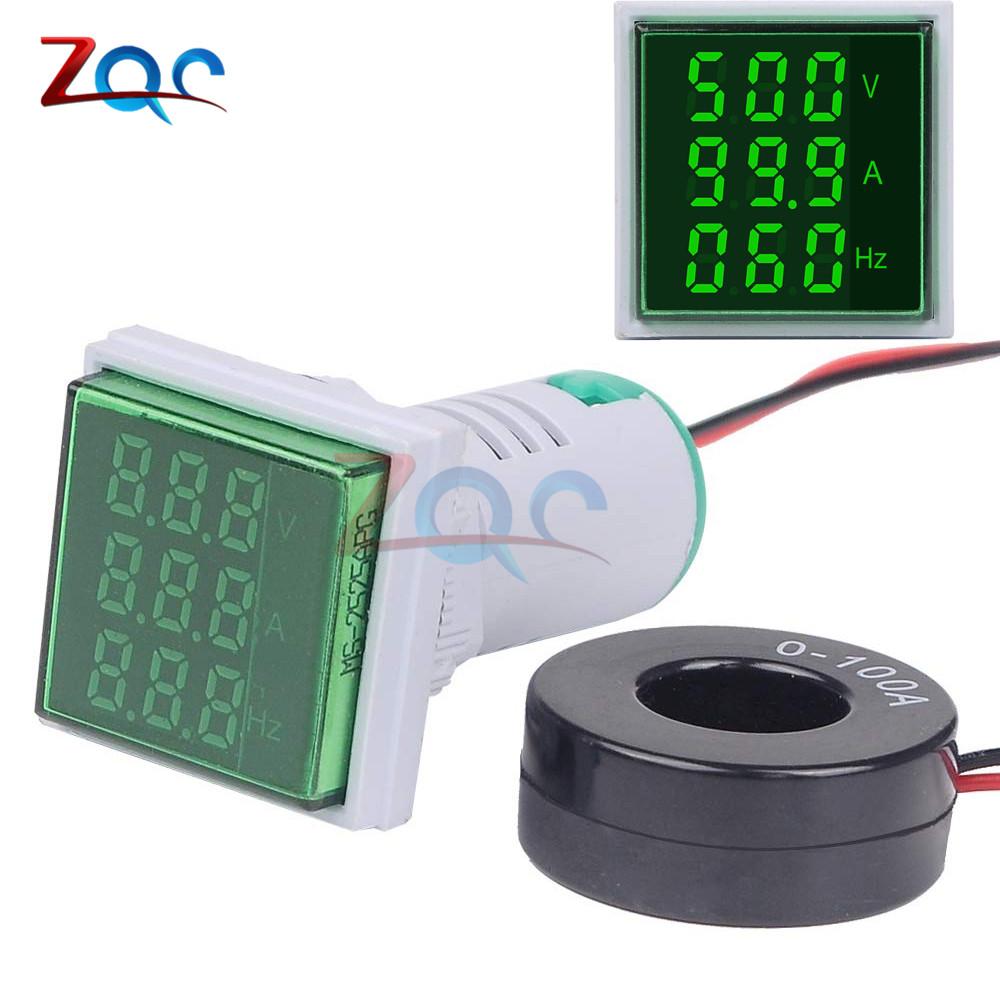 3 In 1 AC 60~500V Digital Voltmeter Ammeter Hz Hertz Frequency Meter Current Voltage Indicator Tester Amp Signal Light LED 22mm