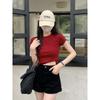Shirt Women's Summer Short Sleeve High Waist Slim Skinny Solid Color Shoulder Short Sleeve Top Bottom Shirt