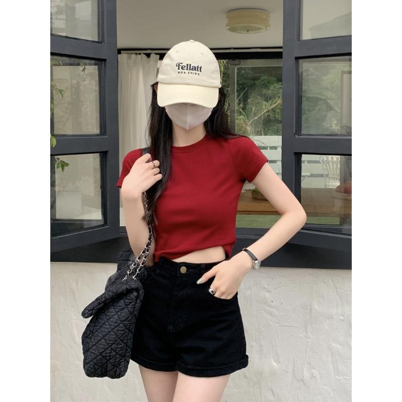 Shirt Women's Summer Short Sleeve High Waist Slim Skinny Solid Color Shoulder Short Sleeve Top Bottom Shirt