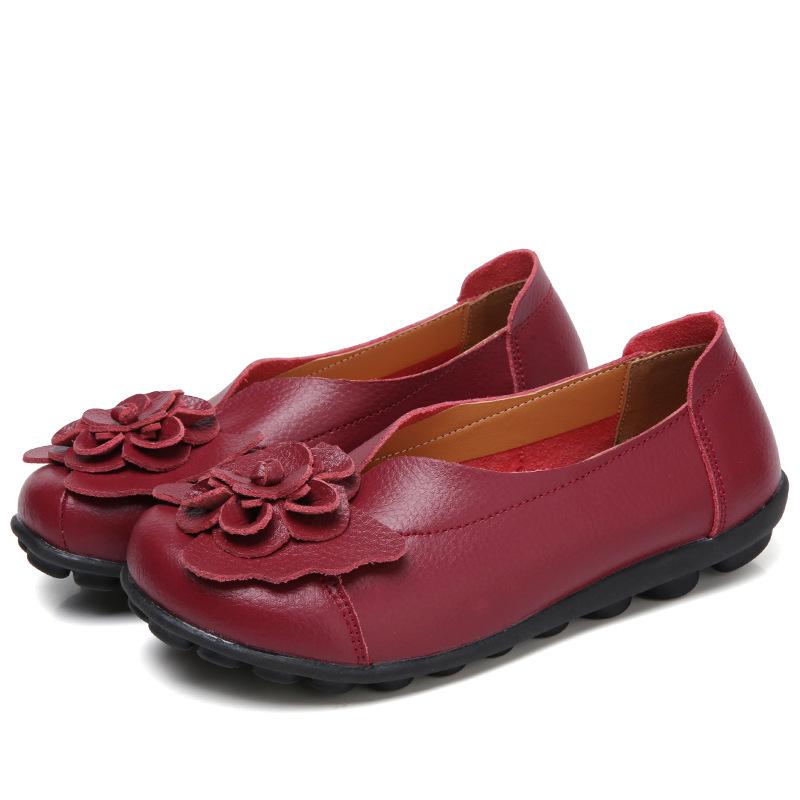 Spring Summer Cowhide Flower Mother Shoes Comfortable Bean Women's Shoes Flat Shoe Women's Singles Shoes