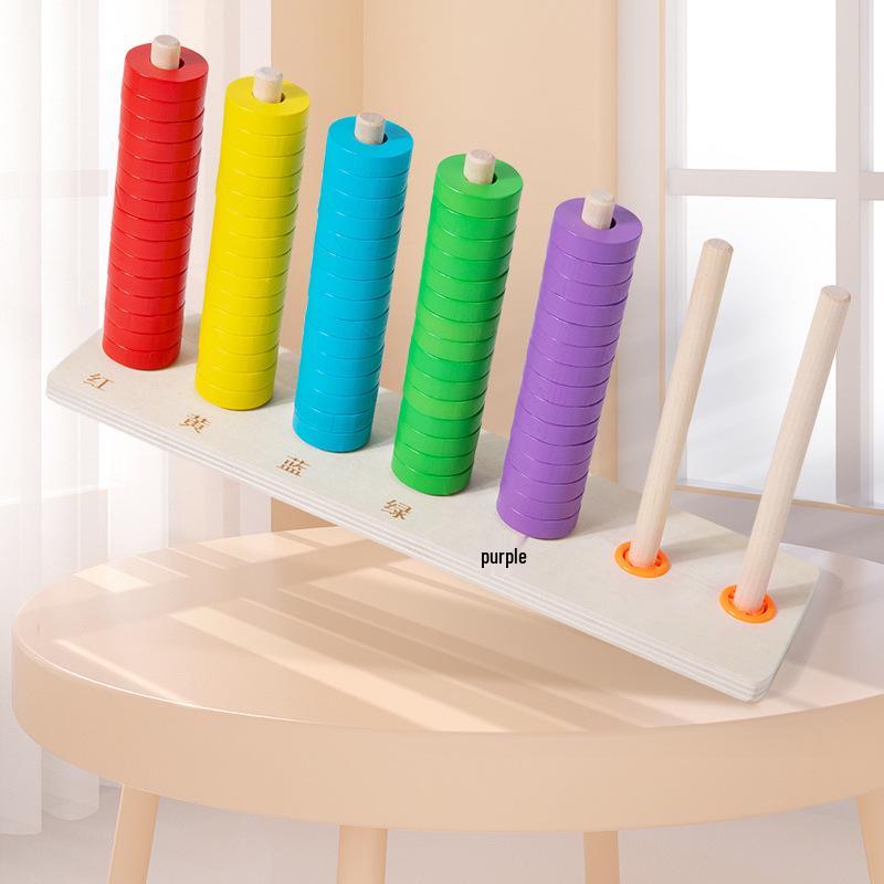 Wooden Montessori Rainbow Ring Stacking Tower - Number Calculation Educational Toy for Kindergarten
