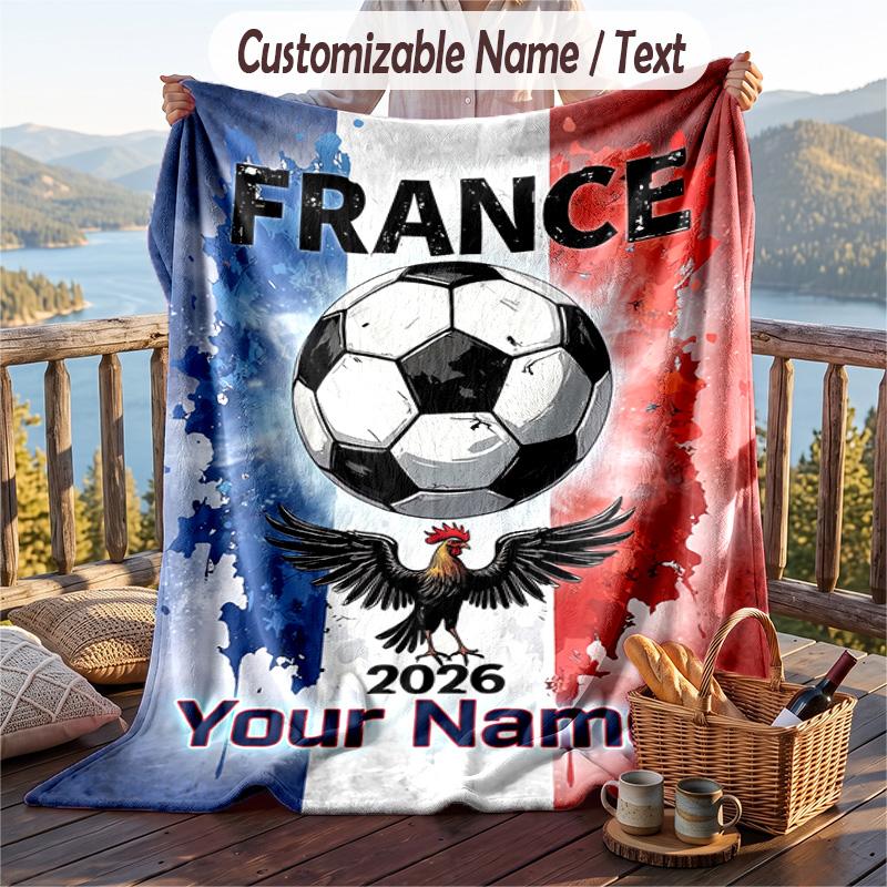 Flannel Blanket France National Football Team Print Custom Name Text Soft Throw for Sofa Bed
